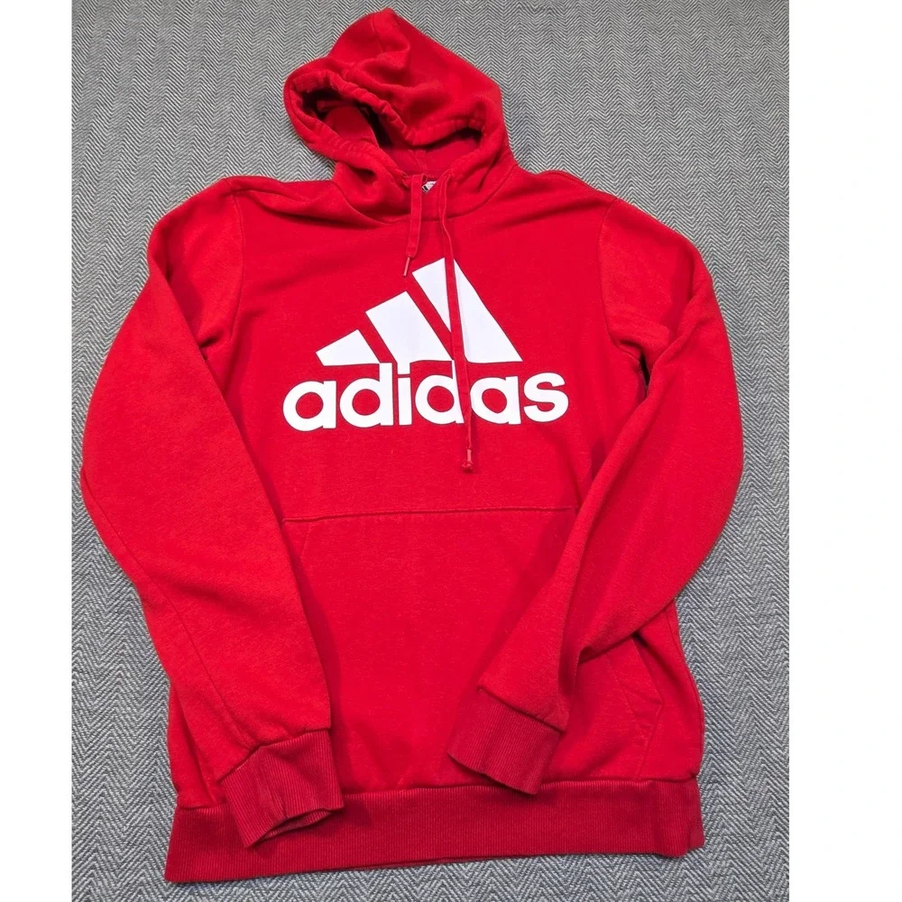 Adidas Mens Hoodie Red White Graphic Logo Fleece Pullover Sweatshirt Small